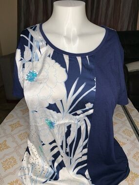 Navy Floral Short Sleeve Tee with Embellished Detail